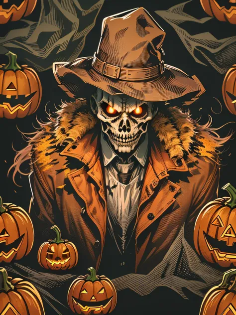 High quality design vector style image, t-shirt print style, graphic art white background of a scary scarecrow with Halloween pumpkin head, bright and realistic colors, fantasy style halloween backdrop