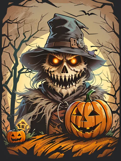 High quality design vector style image, t-shirt print style, graphic art white background of a scary scarecrow with Halloween pumpkin head, bright and realistic colors, fantasy style halloween backdrop