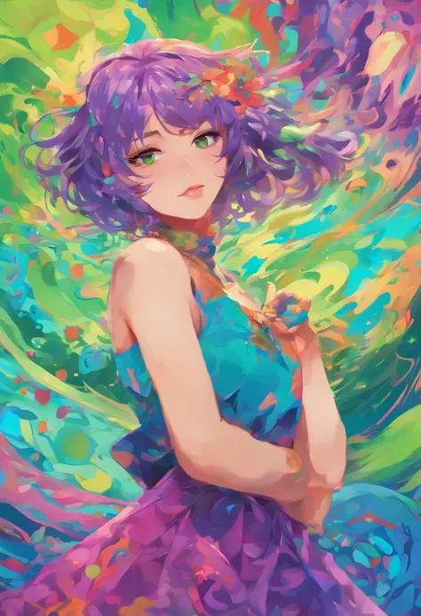 ((top-quality, 8K)), (Realistic), (Face Focus: 1.1), (Blue, Green and purple colors: 1.5), cute Japanese girls, short-hair, Hair fluttering in the wind, femele、Japan idol system、(Sleeveless: 1.1)、Skirt, C cup breasts,