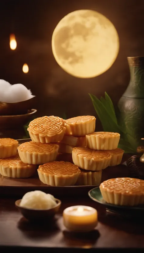 2k,4k，Commercial shooting, Parallel to eye level，during night，Huge Full Moon，A small amount of smoke，The main object is a bottle of coconut milk，A small amount of Cantonese egg yolk mooncakes, Mooncake size, poster for, Fresh style background, , Booth ligh...