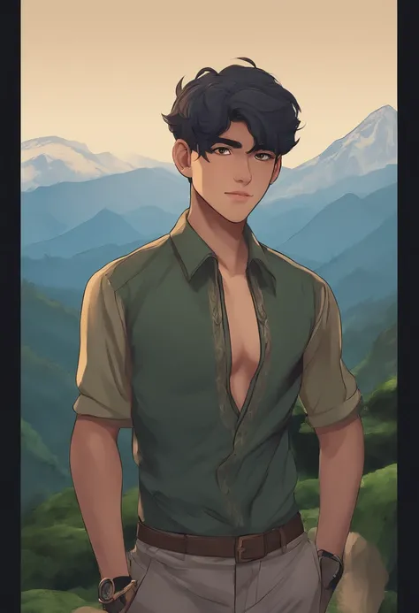 A boy, transformed into an anime style, with exaggerated unique facial features and clothing, with mountains in the background, jayison devadas style, hills in the background, in front of a forest background, with mountains in background, standing in front...