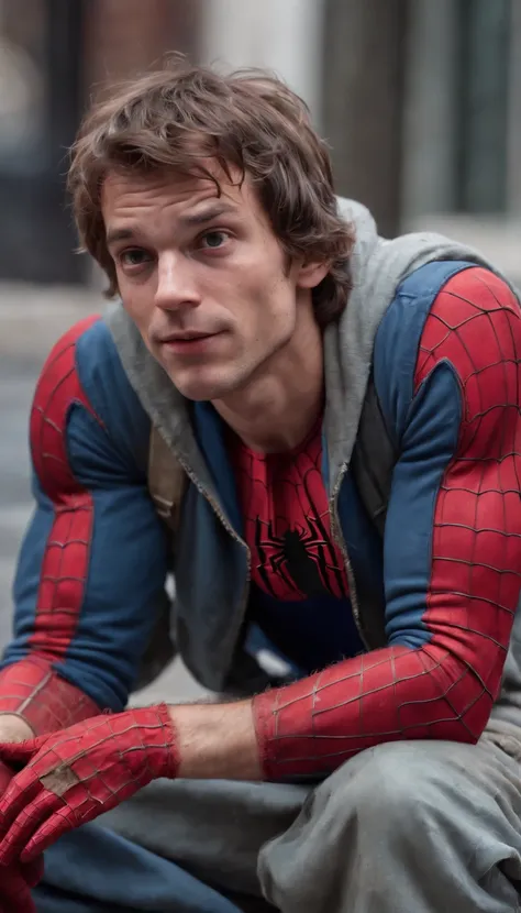 Spiderman as a homeless person, torn used up clothes, shaggy look, begging for money