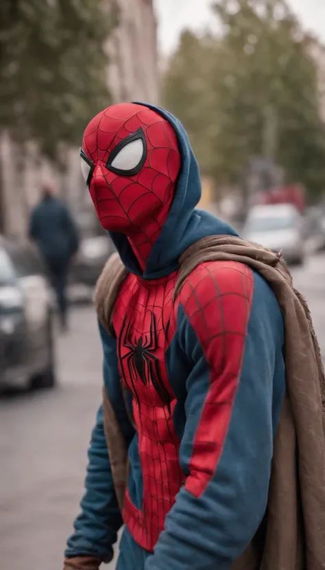 Spiderman as a homeless person, torn used up clothes, shaggy look, begging for money