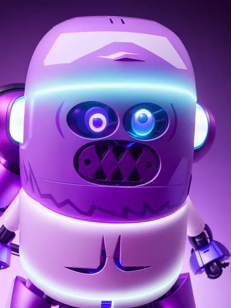 there is a robot with a purple face and a white body, well detailed head with led eyes, face shown, robot monster in background, hy - gogg, evil robot, sherek head design as a bottle, sofubi, scary sharp icy, purple robot, vinyl toy figurine, robot with hu...