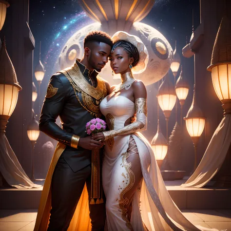 Happy African man marrying African woman both wearing African designed clothes, marriage ceremony on an  futuristic african designed spaceship, surrounded by a celebrating congregation all in african designed clothes, African designed drones above them spr...