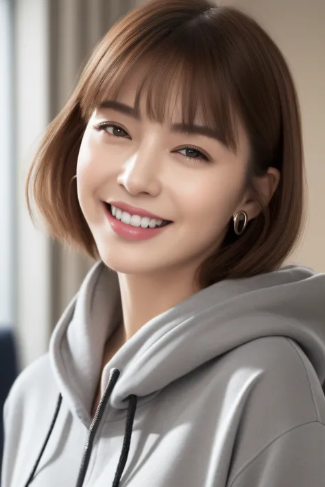 ((top-quality、in 8K、​masterpiece:1.3)), faces, foco nítido:1.2, Beautiful woman with perfect body shape:1.4, A slender, ((Brown hair、short-hair)), piercings, Grey Hoodie, ((livingroom:1.3)), Highly detailed facial and skin texture, A detailed eye, 二重まぶた, G...