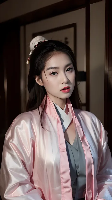 Wearing pink Hanfu，Pink simple Hanfu Arad woman, Chinese woman, inspired by Chen Yifei, heise-lian yan fang, inspired by Zhang Yan，Open V corset，cleavage，Bust and SFW，Breasts，wlop glossy skin, Japanese goddess, Shiny wet skin!!, breasts covered and sfw, ph...