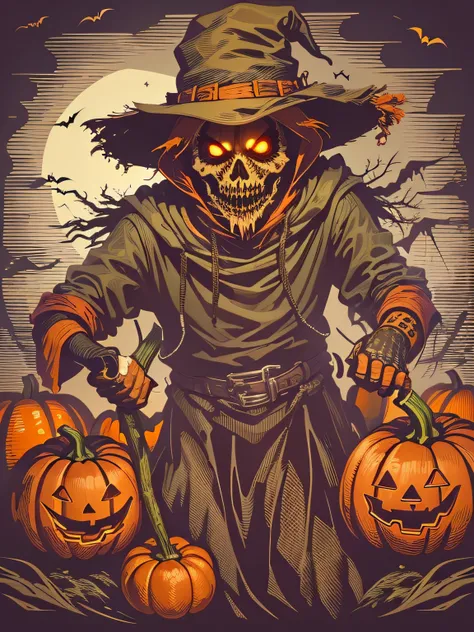 High quality design vector style image, t-shirt print style, graphic art white background of a scary scarecrow with Halloween pumpkin head, bright and realistic colors, fantasy style halloween backdrop