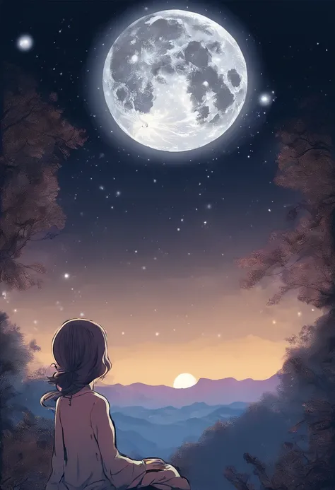 Full Moon Sky、nigh sky、Girl looking up at the sky