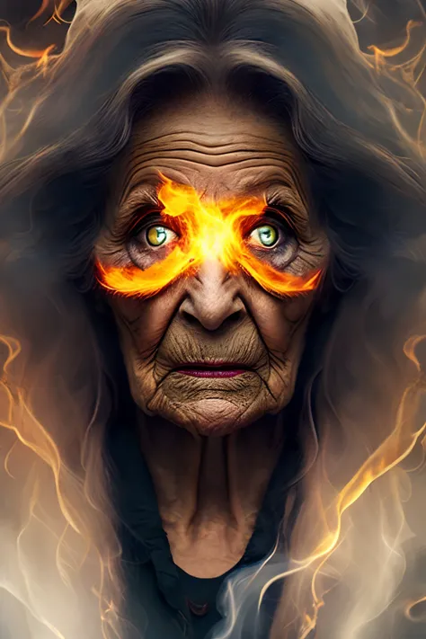 an old woman with eyes of fire and ghostly face, the leg part is like smoke