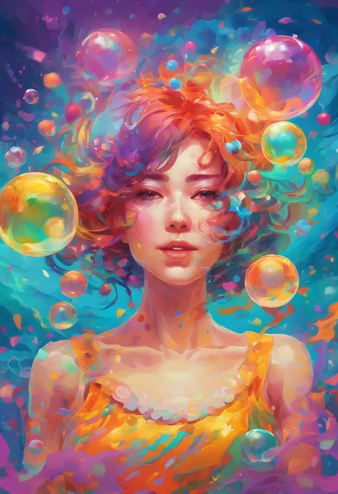 ((top-quality, 8K)), (Realistic), (Face Focus: 1.1), (cyan colors:1.3), (Green and purple colors: 1.2), kawaii girl, short-hair, Hair fluttering in the wind, kindly smile, (Sleeveless: 1.1)、Skirt, C cup breasts, Countless soap bubbles, (Soap bubbles are re...