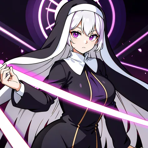 upper body, 1woman, white hair strip purple, long haired, purple eyes, (nun), sister, big breats, wallpaper, holy light backgrou...