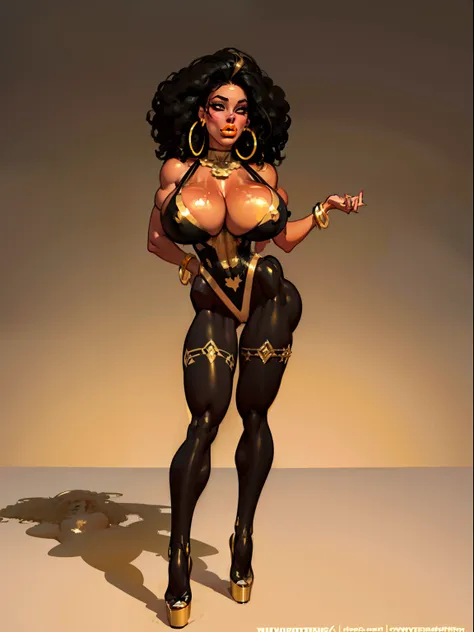 (Above view:1.1)((masterpiece)),(((best quality))),((character sheet)), ((full body view)) ((black woman)) ((afro combed to sides)) ((seductive pose)) mature face, defined cheekbones, high cheekbones, illustration, girl, muscular, ((afro:1.4)), sexy bimbo,...