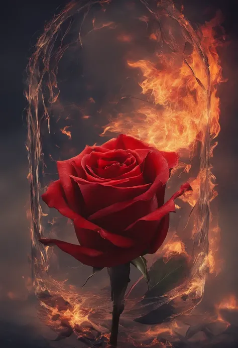 The background is dark，There is a red rose on fire in the middle，Red roses on fire，Sad，The glass shattered，Love is broken，Plain background image，There are no characters ,Pure background