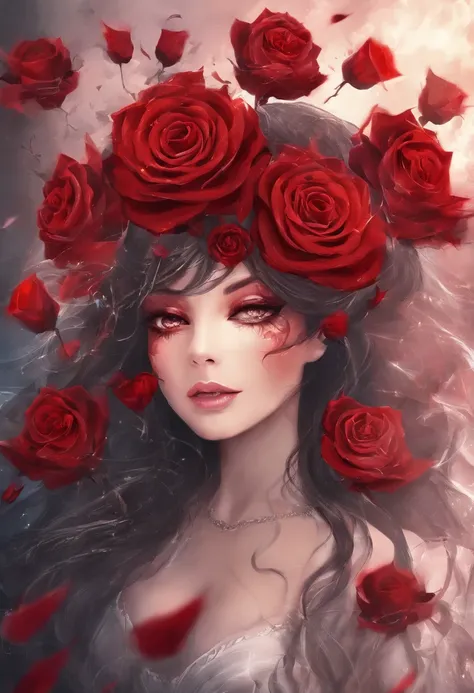 The background is dark，There is a red rose on fire in the middle，Red roses on fire，Sad，The glass shattered，Love is broken，Plain background image，There are no characters ,Pure background