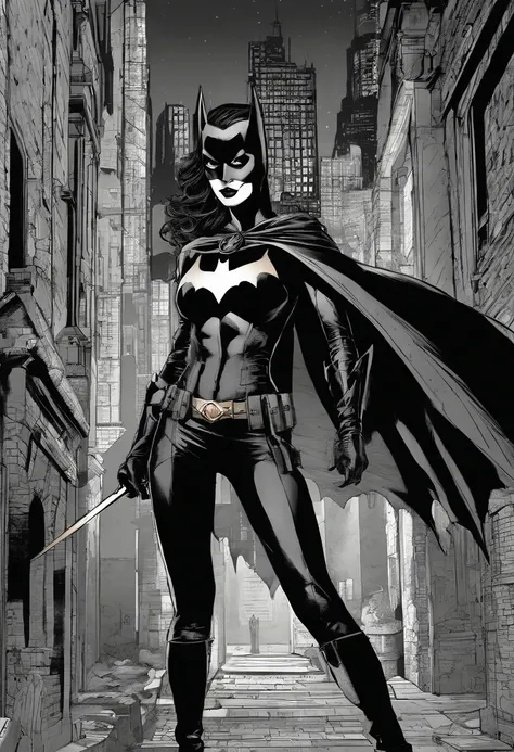 Batwoman wearing a skintight costume with a black cape in a dark, sinister alley under a dim light from a pole in a sensual pose with her hands on her waist, Batgirl, bodysuit, defined body, wide hips, Allan Moore, DC Comics, gothic scenario, Gottam City, ...