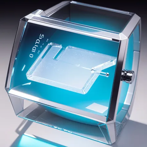 3D rendering of a transparent electronic watch，Gradient translucent glass melt appearance，white backgrounid，Isometric view of the complete model on the right，8K high-definition，--AR1:1，Picture ratio 1:1