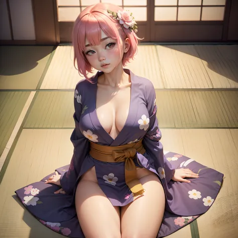 Japanese-style room in the Japan, momohd, phmomo, Solo, 1girl in,  Pink hair, Purple eyes, Short hair, Hair Flower, Wearing a yukata, Big eyes, embarrassed,Sleep on tatami mats,bare-legged,Happy,Chest exposed,Crotch exposed,