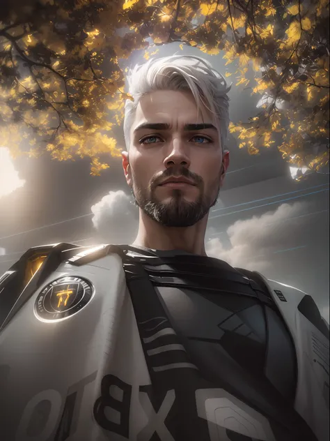 fking_scifi, award-winning photo of a man, white hair and  black flight suit with yellow accents, brown hair, (gray eyes:1.35), square jawline, asymmetric face, standing in front of a window on a space ship, 80mm, bokeh, mass effect, close up, fking_cinema...