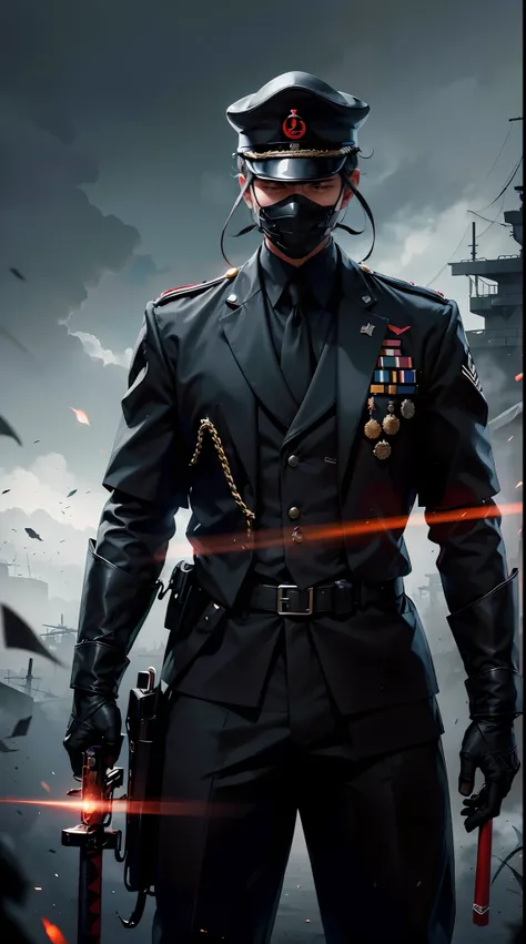 Grandfather holding katana,  ww2 black suits,  general  ww2 hats, black mask, soldiers in the background,red blood element,hd light and dark, balance rendering, HD lighting and dark )<=(epic image quality)dark atmosphere with bright particle light(many eff...