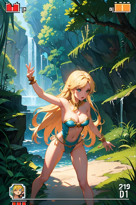 a close up of a pixel style video game with a scantily clad blonde female amazon in skimpy clothes on a platform, she is wearing a primitive strapless jungle leotard thong, she has long wavy blonde hair, lo-fi retro videogame, videogame still, 2D digital v...