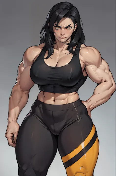 (((((((muscular))))))) 1 girl (thick thighs) (thin waist) (huge breasts) pale skin black hair long hair yellow eyes toned body angry, (curvy) (wide hips) ((grey background)) solo tank top leggings