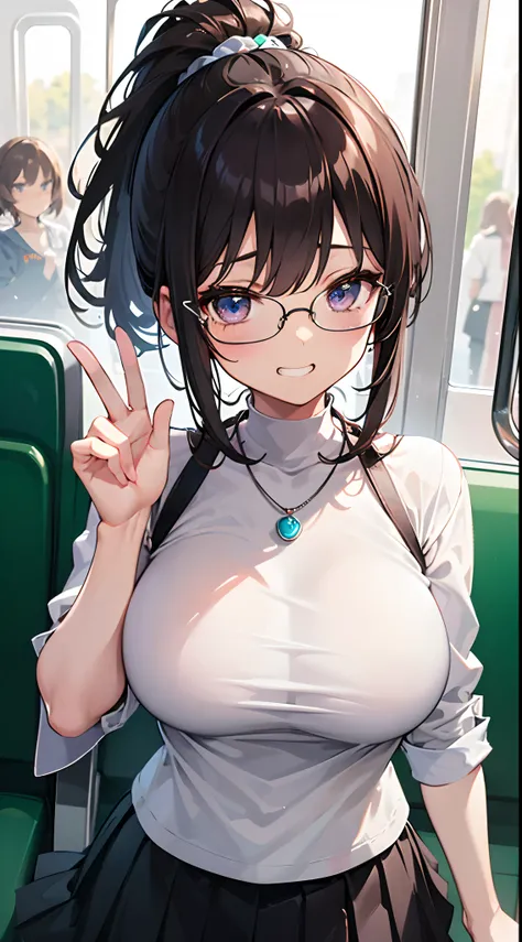 ((masterpiece)), ((best quality)), (ultra-detailed), ((kawaii)), cute, (lovely), ((sexy)), (ero), ((extremely detailed)), 4K, (8K), best quality, (beautiful), anime style, upper body, focus on the face, on the train, summer, a cute girl, 1girl, solo, minis...