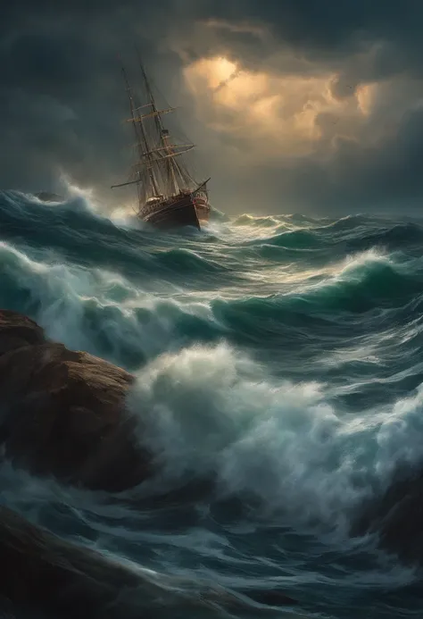 Draw a scene that shows the storm at sea and how the sailors react to danger.