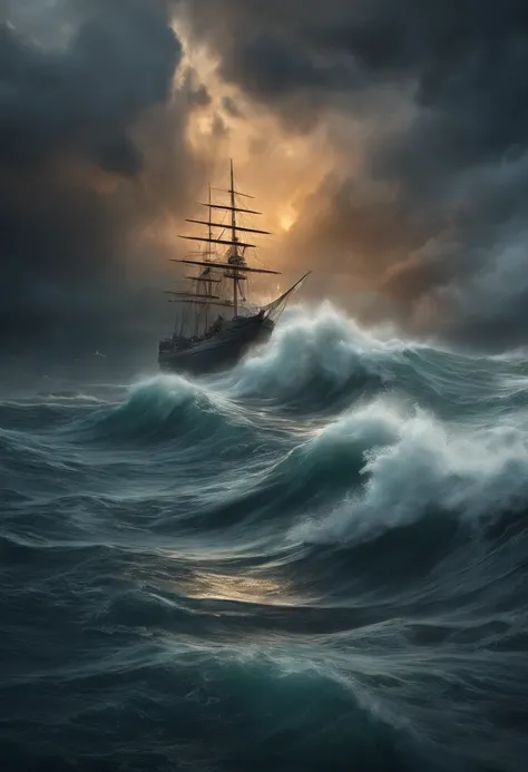 Draw a scene that shows the storm at sea and how the sailors react to danger.