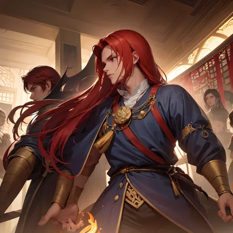 criar uma imagem de um personagem adulto de tom de pele bronzeada, com olhos dourados, red hair and a serious look, vestindo roupas antigas de nobreza. (design de personagem) (acessorios antigos) (botoes na camisa e brasoes) (era vitroviana) (arte de lord ...