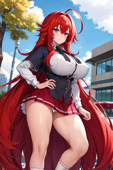 masterpiece, best quality, highres, best quality, highres, rias gremory, 1girl, long hair, school uniform, red hair, ahoge, blue eyes, large breasts, very long hair, breasts, skirt, huge ahoge, socks, standing, outdoors,