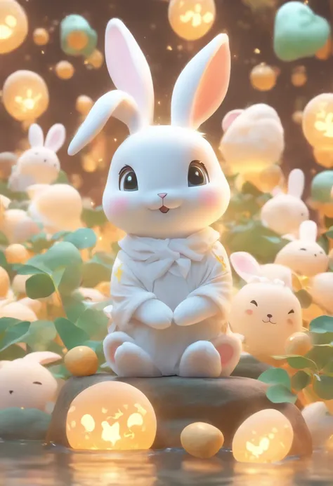 A very cute Jade Rabbit, Mid-Autumn Festival atmosphere, silk, (smooth texture), (dont feel fluky), white body, sitting on the ground, looking up, 3D, C4D, blender, octane rendering, simple background, (white background :1.5), soft color masterpiece, soft ...