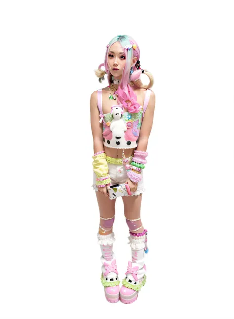 Close-up of a man with pink hair and clothes, kawaii decora rainbowcore, decora inspired, and 2K cute clown core, Beautiful and detailed Delphine, full armour，Wear matching clothing, anime vtuber full body model, complete body image, fully body photo, doll...