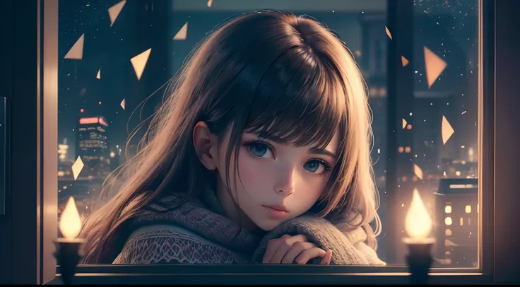 Girl sitting alone by the window，Night view of the city outside the window，The starry sky outside the window sparkles，Very lonely，A soft shimmer shone on the girl，Rich details inside the window，There are plush dolls inside the window，There are night lights...