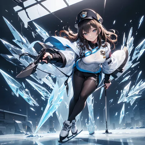 ((((fullllbody,Ice skater in police clothes, sensual smiling, 1 persons)))No background, One Young Woman, police officers,Ice-based weapons,Brown hair, eye reflections, Open Makeup, high detailing, Gothic art, Ray tracing reflected light, masutepiece,  Sup...