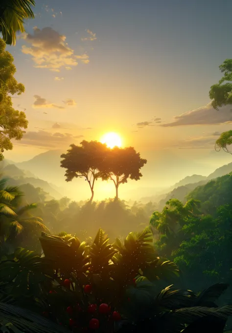 Create an ultra-realistic 8K image of a tropical vegetation landscape with abundant laden fruit-bearing trees, featuring two leafy trees distant, isolated atop a distant hill, shrouded in shadows from being in front of the rising sun, while many other frui...