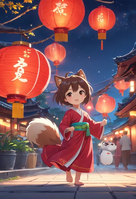 A super cute little anthropomorphic femile dog dressed in red Chinese Hanfu in pixar style, she is a princess，she is walking，She looked around and enjoyed the scenery，she enjoyed the Celebration of the mid-autumn Festival，The background is the starry sky a...