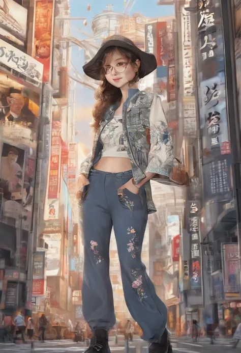 女の子1人、on tokyo street、during daytime、A city scape、city light、The upper part of the body、a closeup、Raw photography、top-quality、​masterpiece、realisitic、Photorealsitic、in her 20s、年轻、tshirts