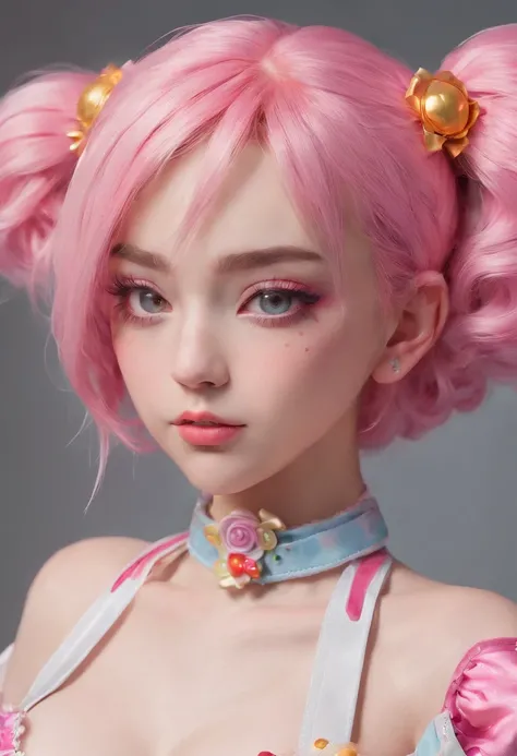 Close-up of a 17 year old girl with pink hair, kawaii decora rainbowcore, decora inspired, and Y2K cute clown core, Beautiful and detailed Delphine, full armour，Wear matching clothing, anime vtuber full body model, complete body image, fully body photo, do...