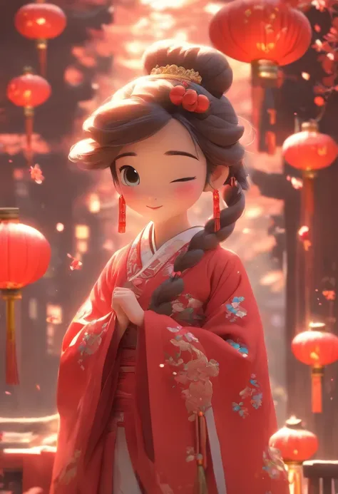 Super cute anthropomorphic small，Wearing a red Chinese Hanfu in Pixar style, She is a princess，she is walking，She looked around，Enjoying The Scenery，She loves the Mid-Autumn Festival celebrations，The background is a starry sky and a full moon， Charming big...