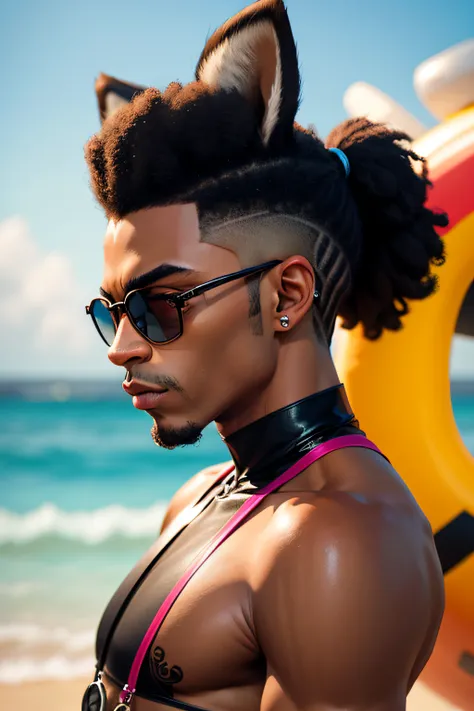 Groovy black man raccoon face and ears, with human body, 3/4 profile portrait, modern fashionable style. funky wild 2023 accessories. etc. blurry summer lifeguard background