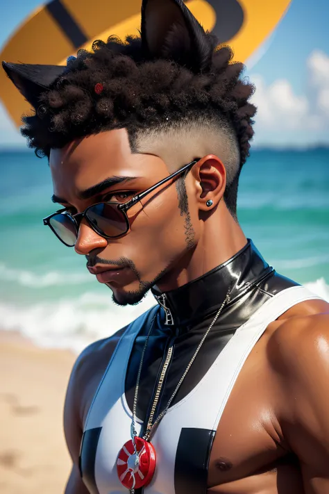 Groovy black man raccoon face and ears, with human body, 3/4 profile portrait, modern fashionable style. funky wild 2023 accessories. etc. blurry summer lifeguard background