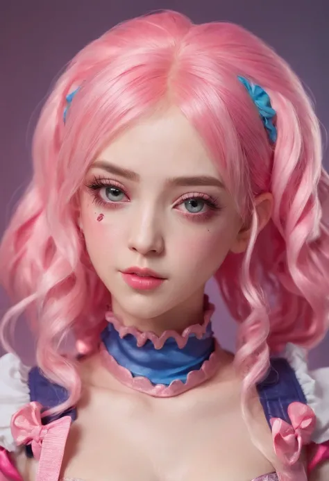 Close-up of a 17 year old girl with pink hair, kawaii decora rainbowcore, decora inspired, and Y2K cute clown core, Beautiful and detailed Delphine, full armour，Wear matching clothing, anime vtuber full body model, complete body image, fully body photo, do...