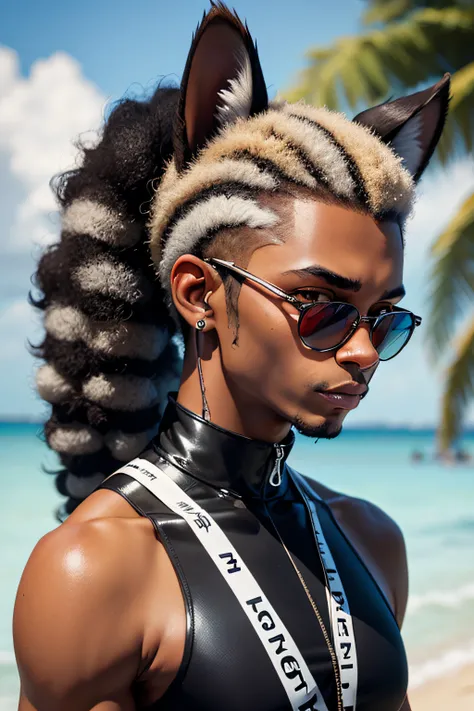 Groovy black man raccoon face and ears, with human body, 3/4 profile portrait, modern fashionable style. funky wild 2023 accessories. etc. blurry summer lifeguard background