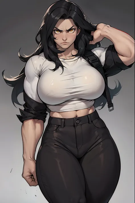 (((((muscular))))) 1 girl (thick thighs) (thin waist) (huge breasts) pale skin black hair extremely long hair yellow eyes toned body angry ((grey background)) solo tight shirt tight pants messy hair