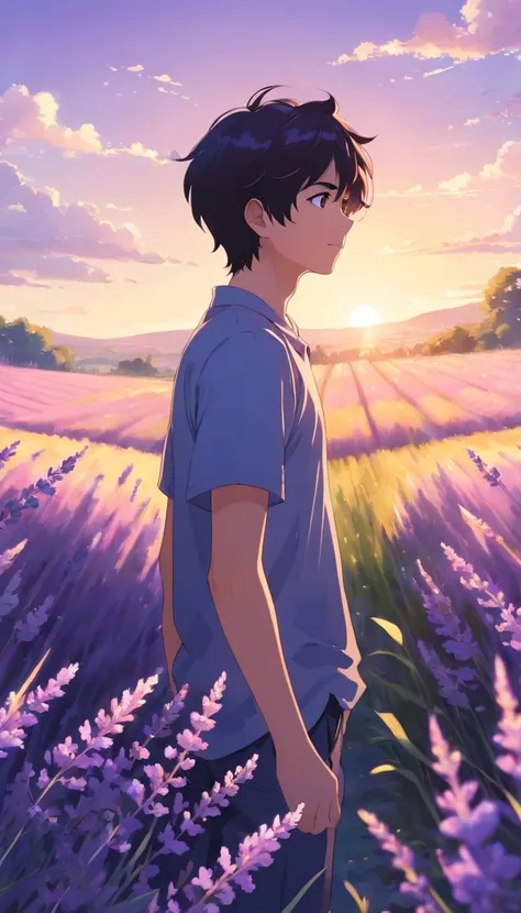 1 boy, lavender field, sunny, black hair