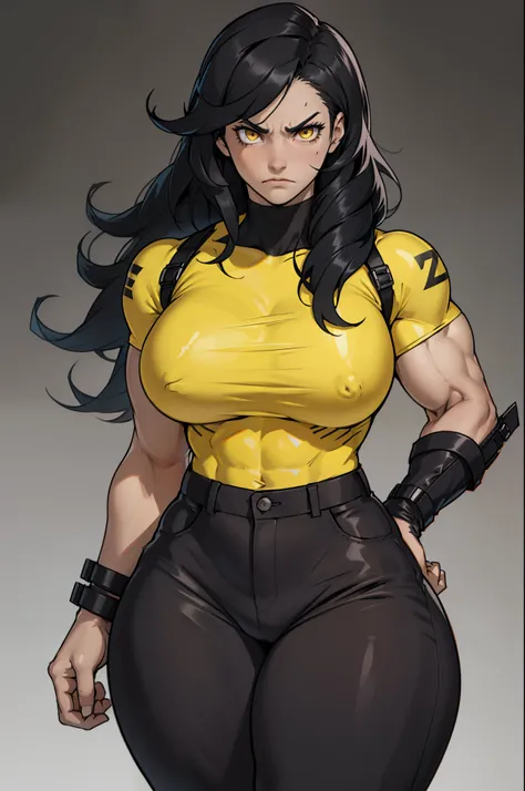 (((((muscular))))) 1 girl (thick thighs) (thin waist) (huge breasts) pale skin black hair extremely long hair yellow eyes toned body angry ((grey background)) solo tight shirt tight pants messy hair