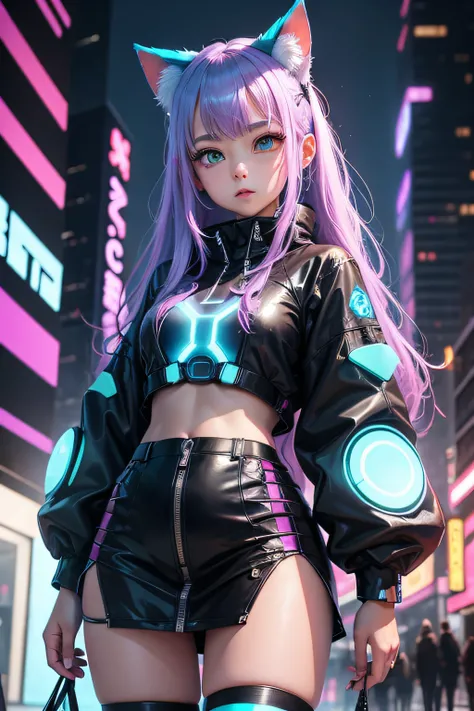 Futuristic cat-eared girl character、Draw Aimira。She has neon blue eyes.、Wearing cyberpunk-inspired accessories。Clothing is made of hologram material、It is designed in the image of IT technology.。The expression is curious、Please express a cheerful and energ...