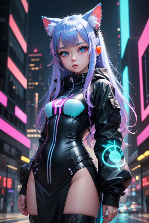 Futuristic cat-eared girl character、Draw Aimira。She has neon blue eyes.、Wearing cyberpunk-inspired accessories。Clothing is made of hologram material、It is designed in the image of IT technology.。The expression is curious、Please express a cheerful and energ...