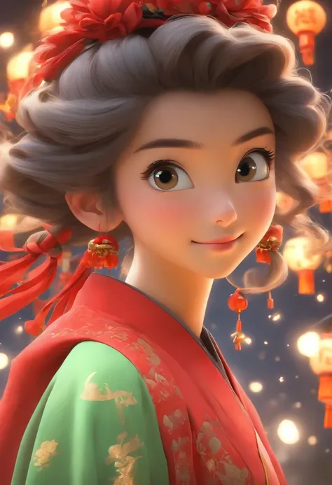 Super cute little anthropomorphic，Wearing a red Chinese Hanfu in Pixar style, shes a princess，she is walking，Ela olhou em volta，apreciando a paisagem，She loves the mid-autumn festival celebrations，The background is a starry sky and a full moon， Olhos grand...